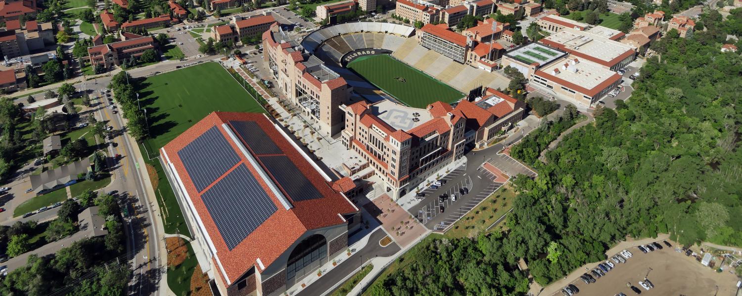 Aerial of Athletics buildings with solar panels