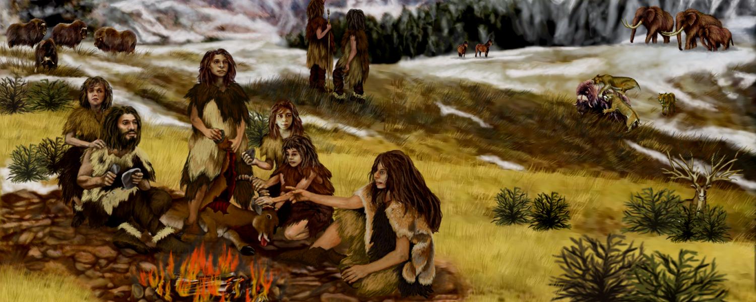 Illustration of Neanderthals around a fire