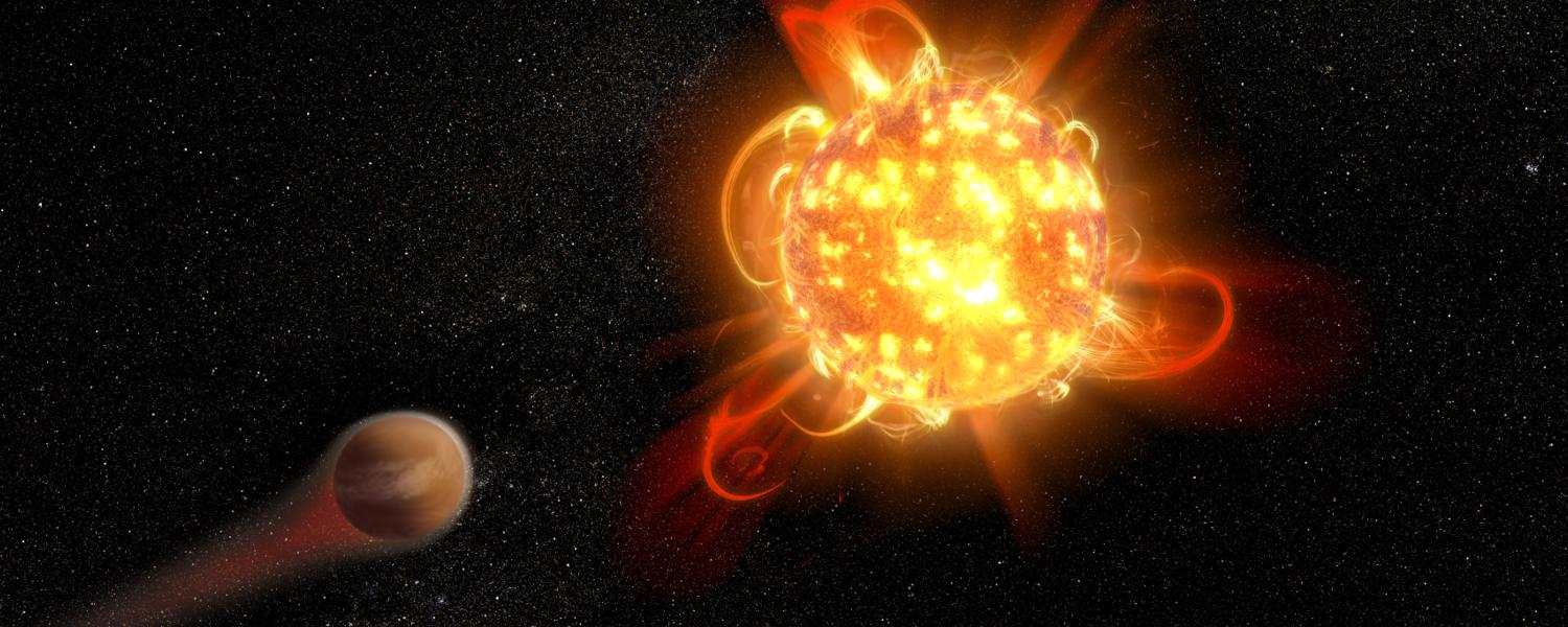 An artist's depiction of a superflare on an alien star.