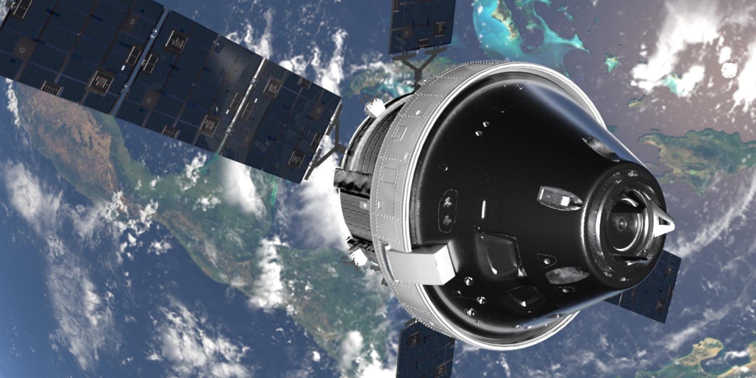 Artist's depiction of Orion Spacecraft leaving Earth's orbit
