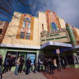 Community members line up outside Boulder Theater for the 2019 New Venture Challenge championships