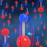 Illustration of multiple molecules made up of two atoms represented by blue and red spheres