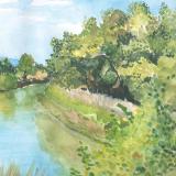 A watercolor painting of a creek.