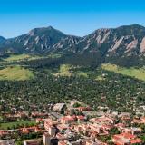 CU Boulder campus and Flatirons aerial photo