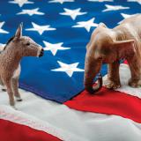 Stock image of a dinkey and elephant on an American flag