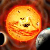 Artist's depiction of the star EK Draconis ejecting a coronal mass ejection as two planets orbit