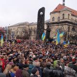 Protesters gather in the Ukrainian city of Lviv during the Maidan protests of 2014.