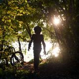 silhouette of child playing in the woods