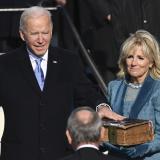 Jill Biden holds the Bible as Joe Biden is sworn in as the 46th president of the United States