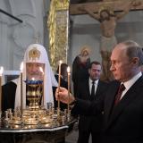 Patriarch of Russia Kirill and President Vladimir Putin at a monastery