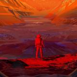 Artist's depiction of astronaut standing on the surface of Mars
