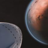 An illustration of a SpaceX capsule approaching Mars