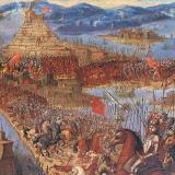 Painting of army invading the Aztec city of Tenochtitlan