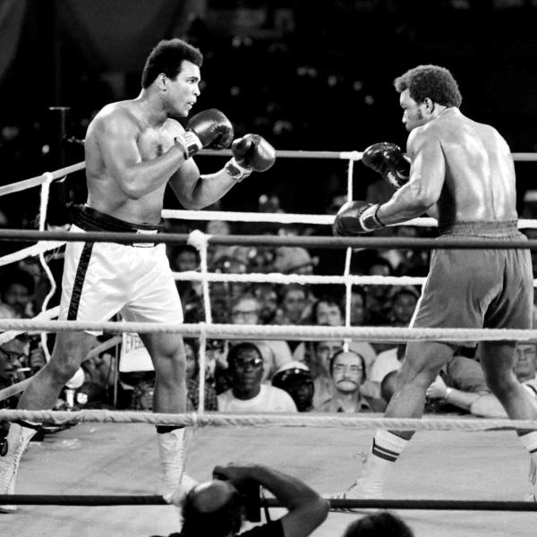 Muhammad Ali and George Foreman fight on Oct. 30, 1974