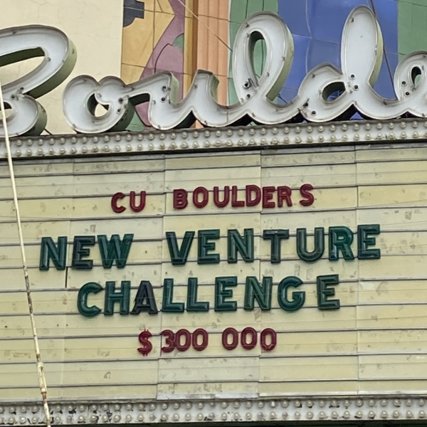 Boulder Theater marquee sign that says New Venture Challenge
