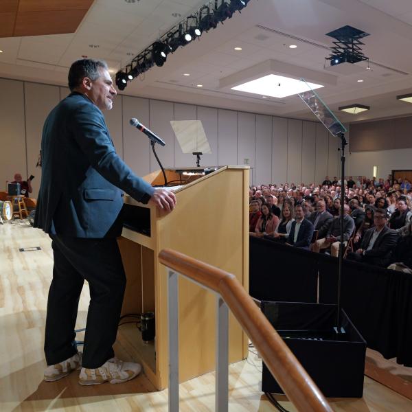 Chancellor Justin Schwartz delivering his inaugural State of the Campus address