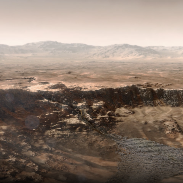 Computer illustration of a red and dusty planet with water flowing into a crater