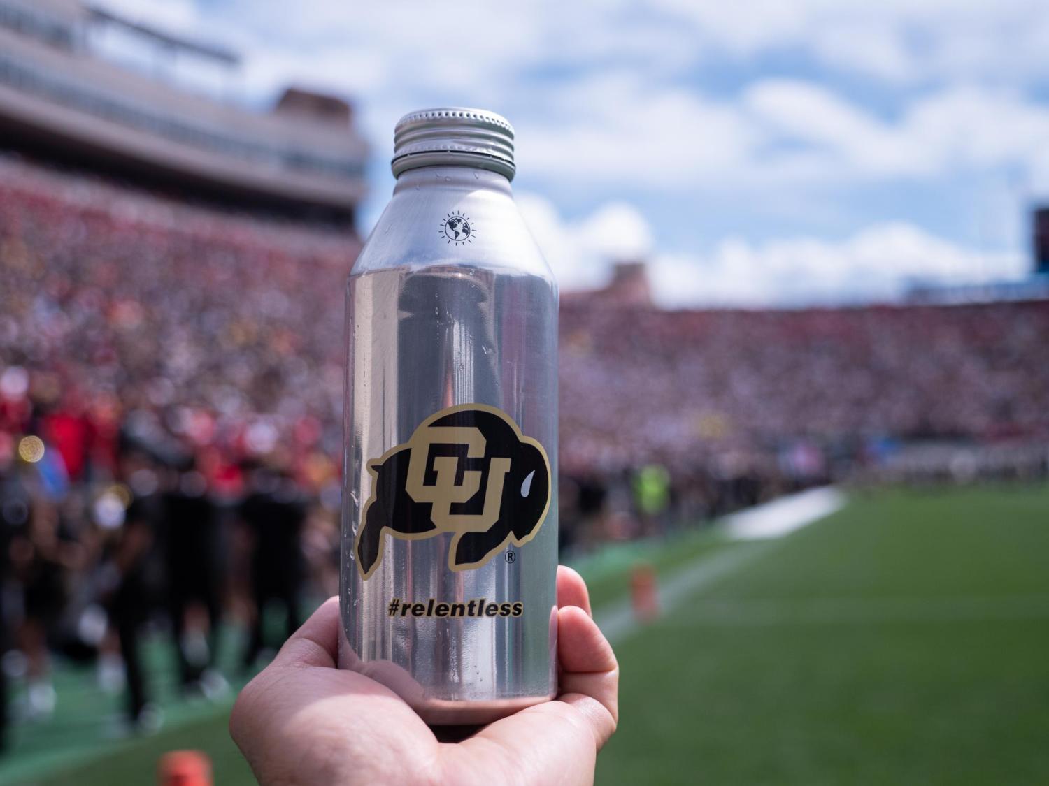 Aluminum water bottle by Ball Company as shown during the CU-Nebraska game on Sept. 7, 2019.