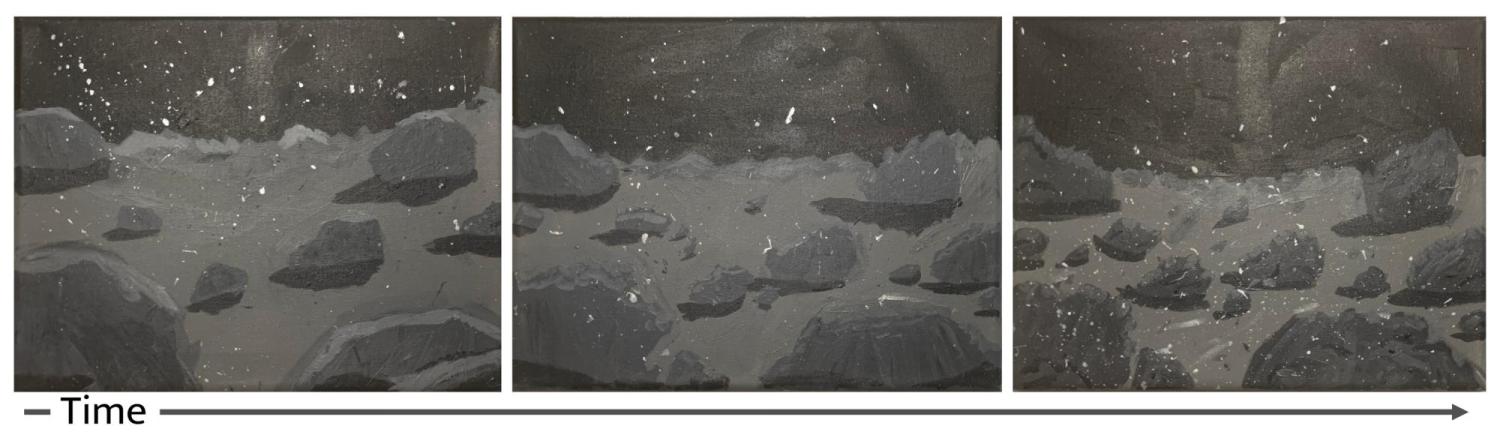 Three panels showing dust hopping on a asteroid, and the surface growing rougher over time.