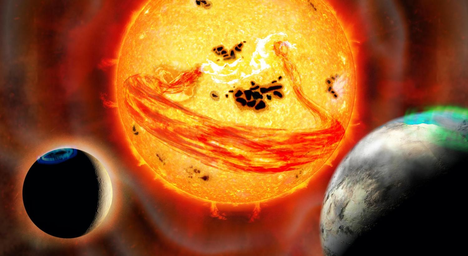 Artist's depiction of the star EK Draconis ejecting a coronal mass ejection as two planets orbit