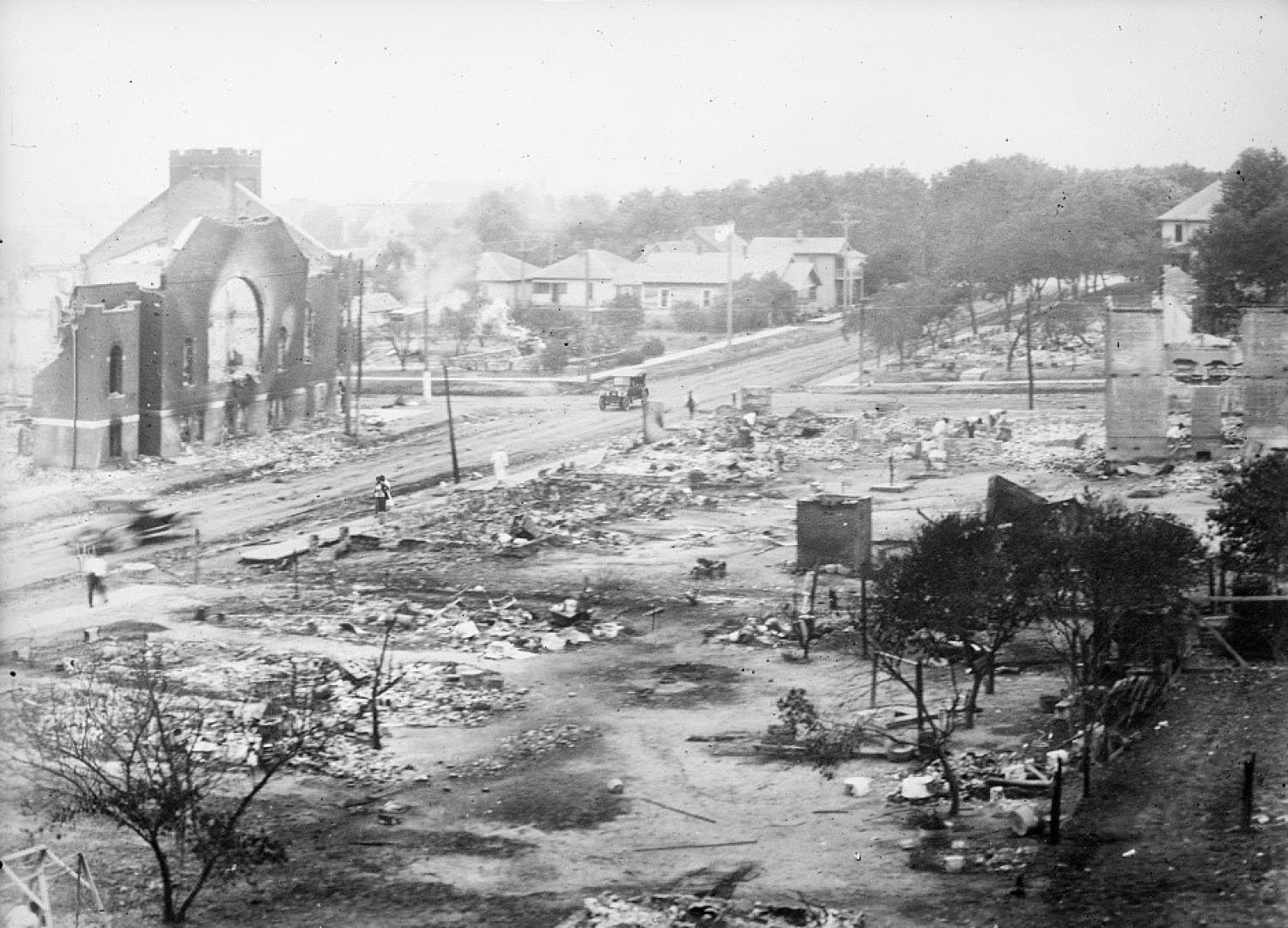 The Greenwood district of Tulsa in ruins after the Tulsa Race Massacre
