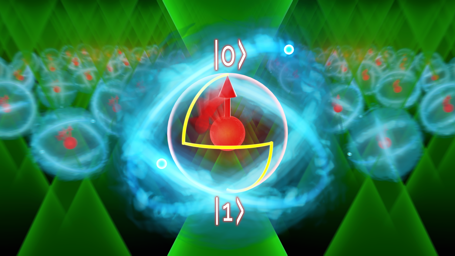 Artist's depiction of a qubit formed from an ytterbium atom trapped in laser light. 