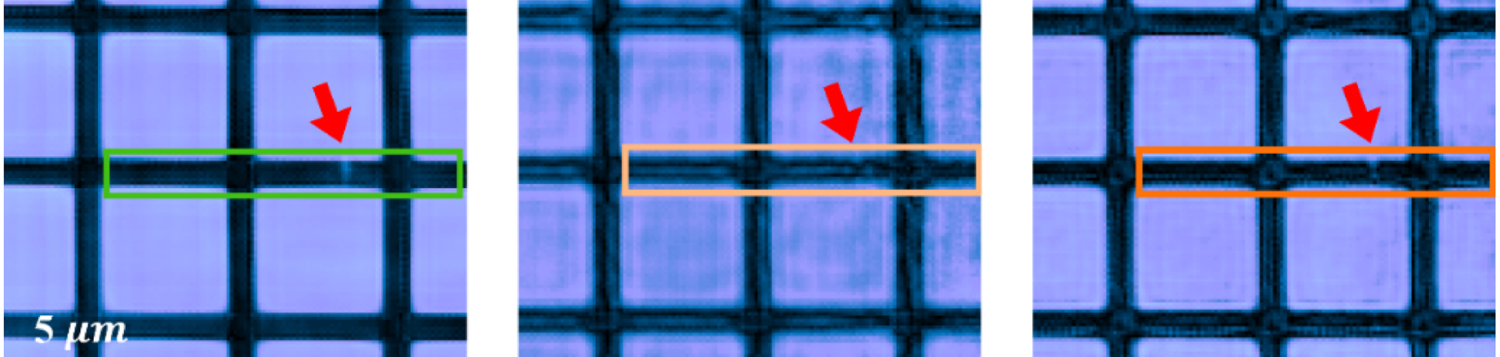 Three panels showing a fence-like pattern with a small break in one of the links highlighted by arrows
