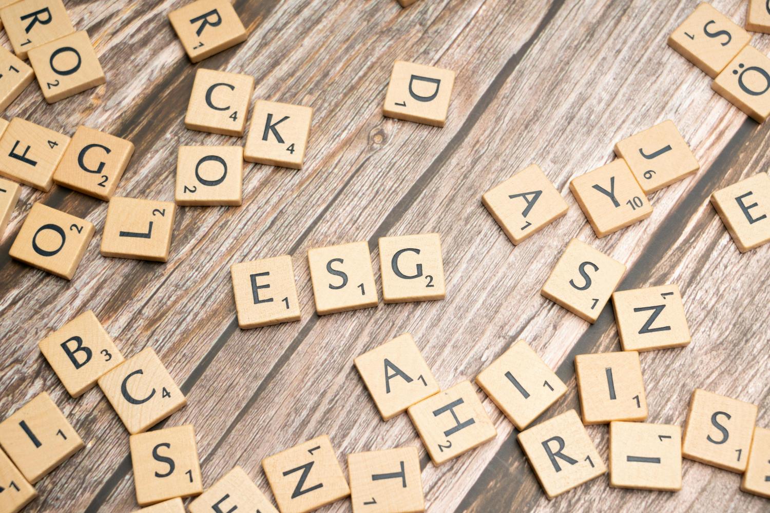 Scrabble letters spelling out ESG.