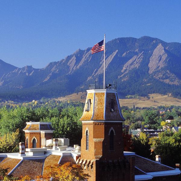 Aerial view of Old Main and Flatirons