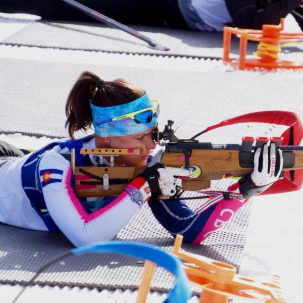 Joanne Reid target shooting in the 2018 Winter Olympics biathlon