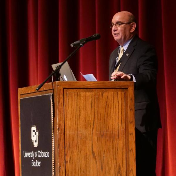 CU Boulder Chancellor Phil DiStefano introduces the 2019 Conference on World Affairs first keynote speaker Leyla Acaroglu. Photo by Glenn Asakawa.