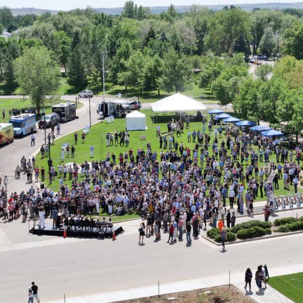 A crowd watches the ribbon-cutting ceremony at the new Aerospace Engineering Sciences Building at CU Boulder. (Photo by Casey A. Cass/CU Boulder)
