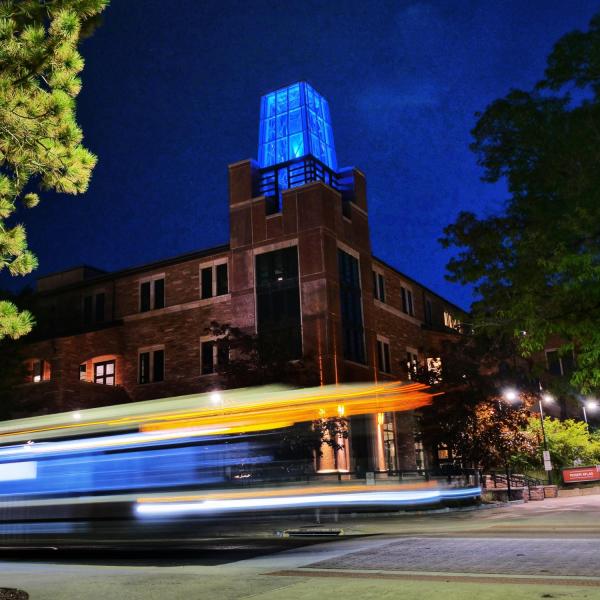 The ATLAS tower shines blue in remembrance (Photo by Casey Cass/University of Colorado)