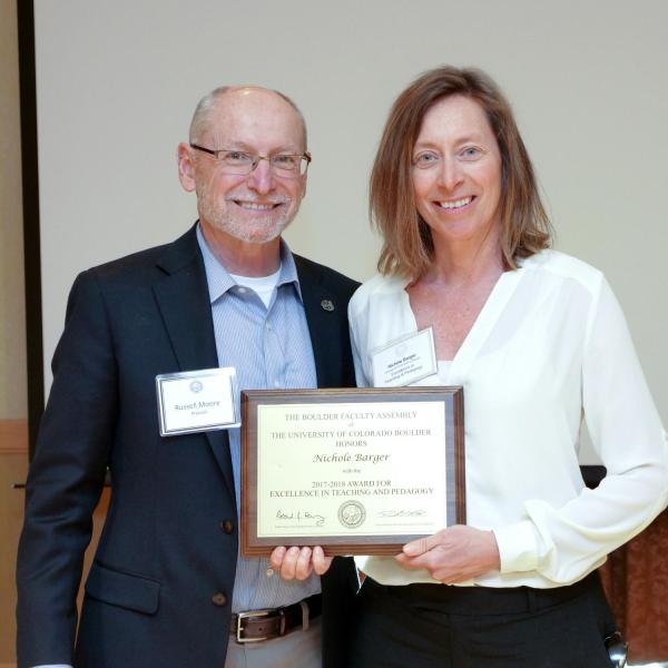 Provost Russell Moore and Nichole Barger, Teaching and Pedagogy Award recipient