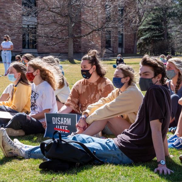 Students Demand Action at the University of Colorado Boulder host a rally on March 30 honoring the victims of the March 22, 2021 mass shooting in Boulder. (Photo by Patrick Campbell/University of Colorado)