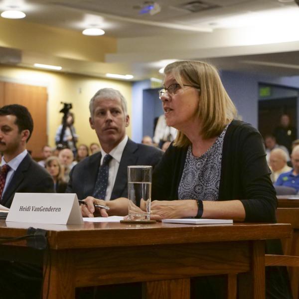 Heidi VanGenderen, Chief Sustainability Officer for the University of Colorado Boulder, testifies during the House Select Committee on the Climate Crisis hearing on campus. (Photo by Casey A. Cass/University of Colorado)