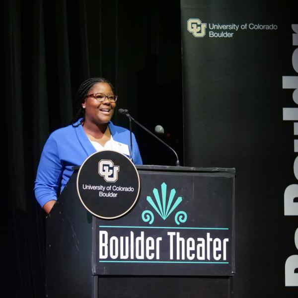 Karen Bailey, assistant professor of environmental studies, talks about the human impact of climate change at the CU Night in Downtown Boulder event at Boulder Theater