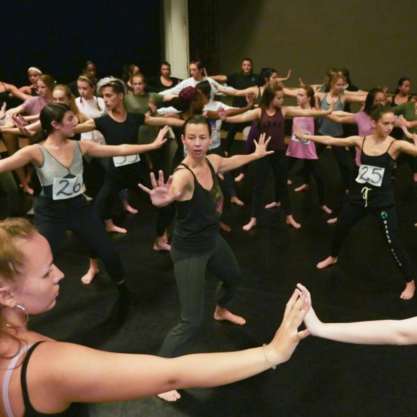 Erika Randall works with area dancers during High School Dance Day in the Theatre & Dance department Photo by Casey A. Cass.