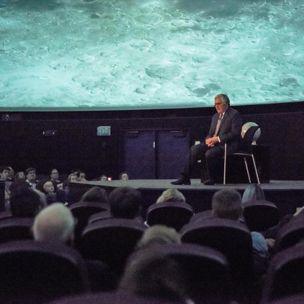 Apollo Astronaut Harrison "Jack" Schmitt answers community questions at Fiske Planetarium. Photo by Patrick Wine.