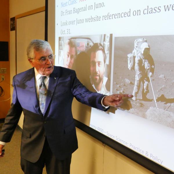 Schmitt talks during a physics class at CU Boulder. Photo by Casey A. Cass.