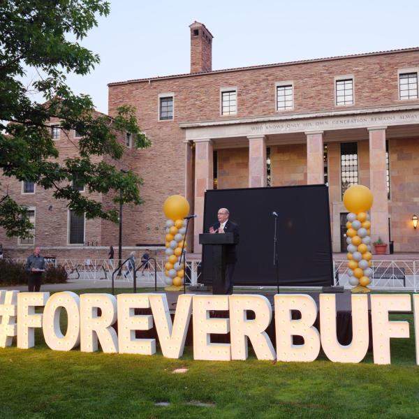 Chancellor Philip DiStefano speaks at the Night on Norlin event on Sept. 17, 2021. (Photo by Glenn Asakawa/University of Colorado)