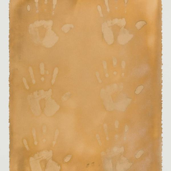 Tim Whiten, Signs of Life I. Artist handprints and gold spray paint on paper.