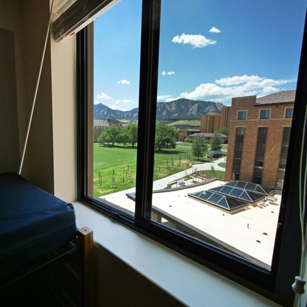 The view out the window of a double room at the new Williams Village East residence hall on the CU Boulder campus. (Photo by Glenn Asakawa/University of Colorado)