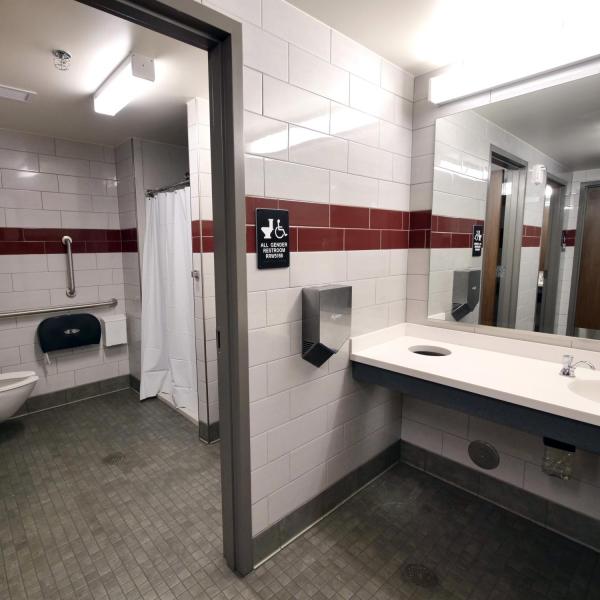 Most bathrooms are all-gender and provide full privacy at the new Williams Village East residence hall on the CU Boulder campus. Here, the shower and toilet area is separate from a communal basin.  (Photo by Glenn Asakawa/University of Colorado)