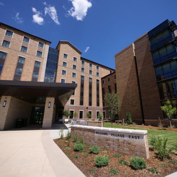 The south-facing entrance at a preview tour of the new Williams Village East residence hall on the CU Boulder campus. (Photo by Glenn Asakawa/University of Colorado)