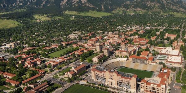 2018 aerial view over the CU Boulder campus. (Photo by Glenn Asakawa/University of Colorado)