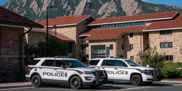 CU Boulder police cars on campus (Photo by Patrick Campbell/University of Colorado)