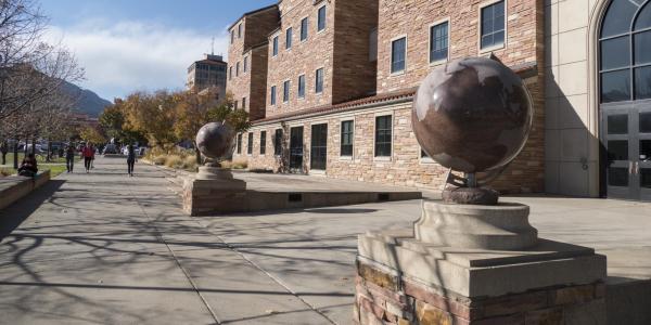 Globe statues outside Benson Geological Earth Sciences building