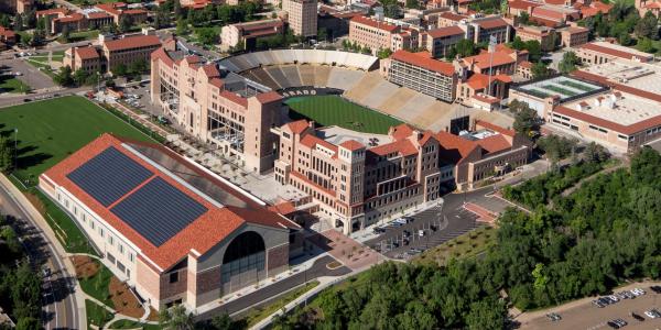 An aerial view of the Champions Center and CU Boulder campus.