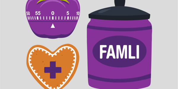 A graphic with a purple tomato-shaped kitchen timer in the top left corner, an orange heart with a plus sign in the lower left corner, and a purple jar with a lid and the word "famli" on the right side.